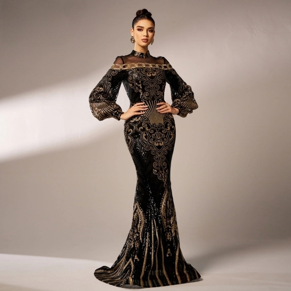 Black Embellished Backless Gown with Bishop Sleeves - Picture 9 of 13